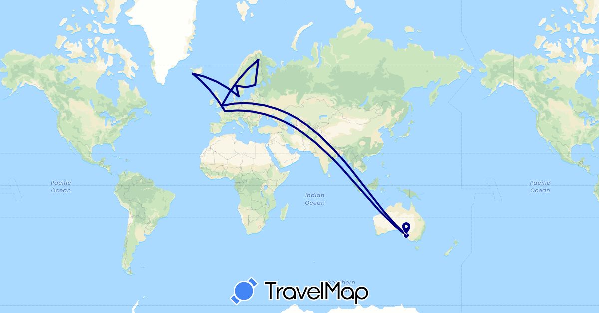TravelMap itinerary: driving in Australia, Denmark, Finland, France, United Kingdom, Iceland, Norway, Sweden (Europe, Oceania)